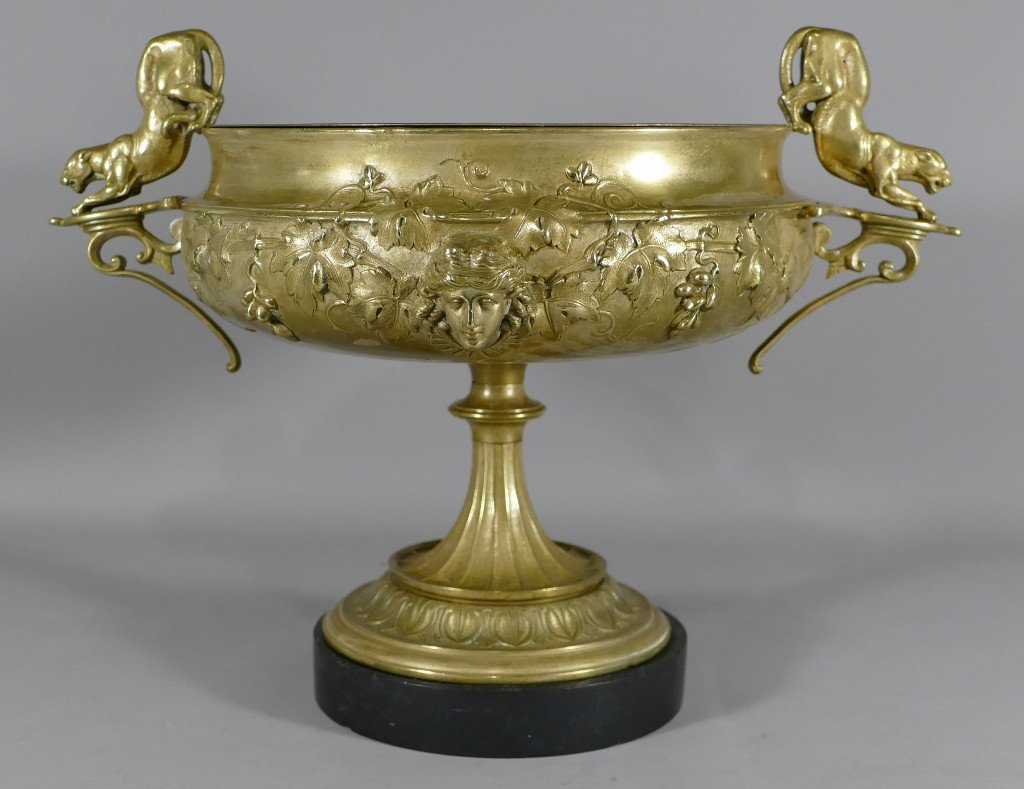 Henry Fugère, Coupe Centre De Table Au Mascaron De Femme Et Panthères, Fin XIX ème