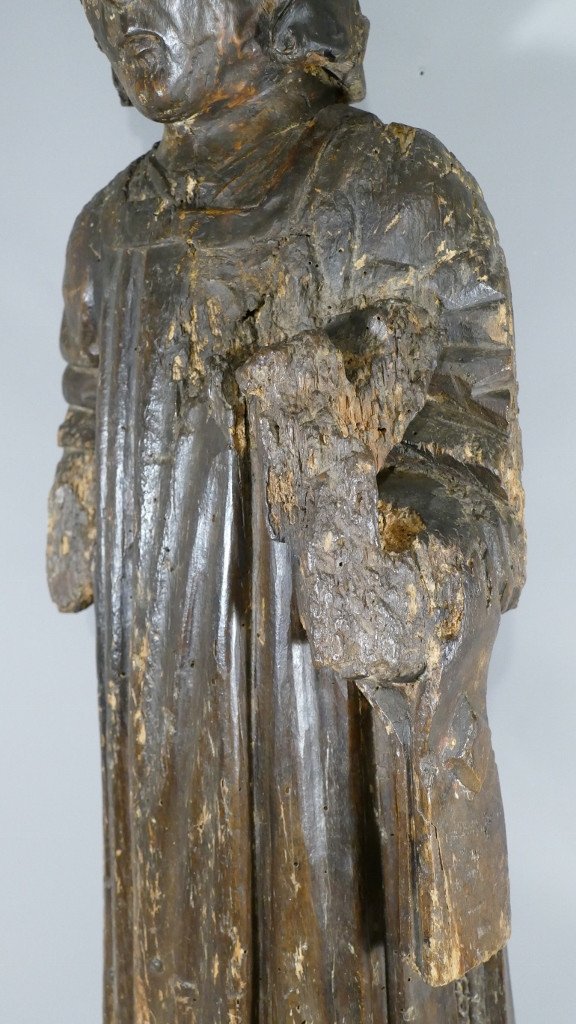 XVth Century Sculpture, Saint In Carved Oak Wood-photo-4