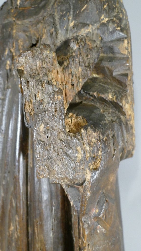 XVth Century Sculpture, Saint In Carved Oak Wood-photo-6