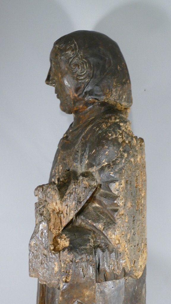 XVth Century Sculpture, Saint In Carved Oak Wood-photo-7