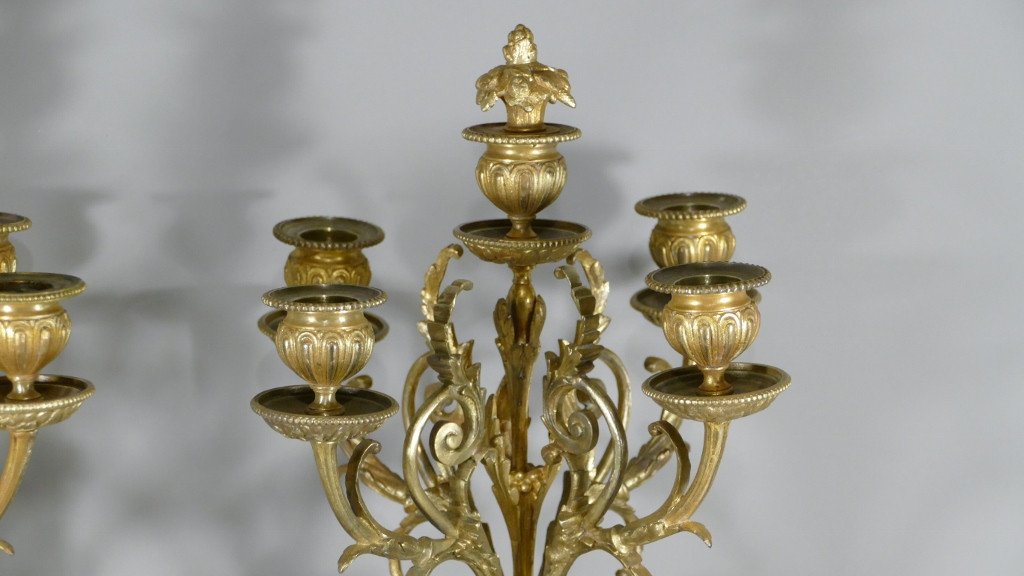 Paire De Chandeliers Napoléon III En Bronze Doré, Béliers Et Angelots, Style Louis XVI-photo-1