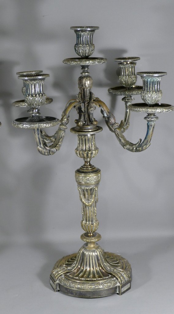 H Voisenet, Grande Paire De Chandeliers Candélabres Louis XVI En Bronze Argenté, époque XIX ème-photo-4