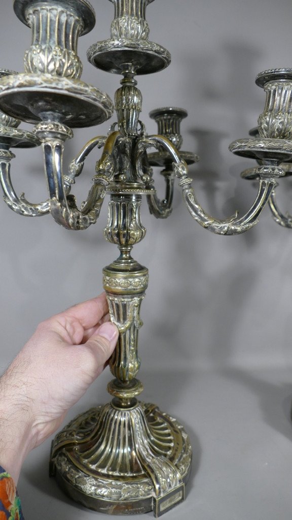 H Voisenet, Grande Paire De Chandeliers Candélabres Louis XVI En Bronze Argenté, époque XIX ème-photo-7