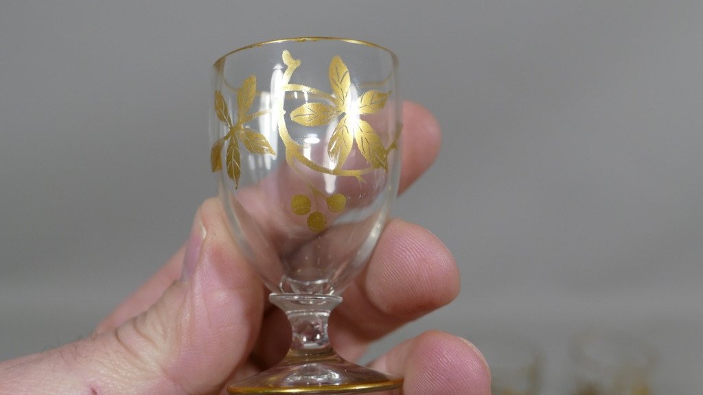 6 Crystal Liqueur Glasses With Golden Chestnut Decor, 1900s-photo-4