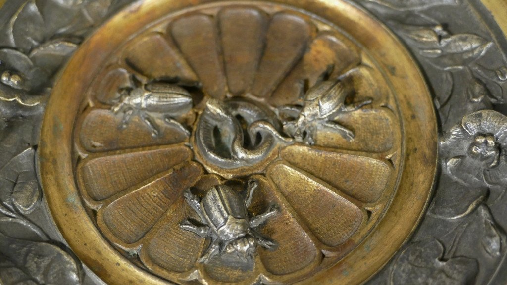 Paire De Coupes Cassolettes Aux Insectes Et Liseron En Bronze Doré Et Argenté, Socle Onyx, XIX-photo-4