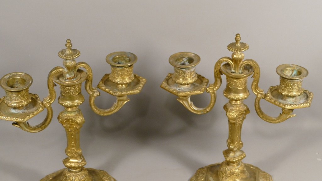 Candlesticks Louis XIV Pair Of Gilt Bronze, XIXth Time -photo-2