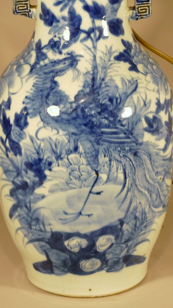 Vase Chinois C&eacute;ladon Et Bleu Au Phoenix Et Pivoine Mont&eacute; En Lampe, &eacute;poque XIX &egrave;me-photo-4