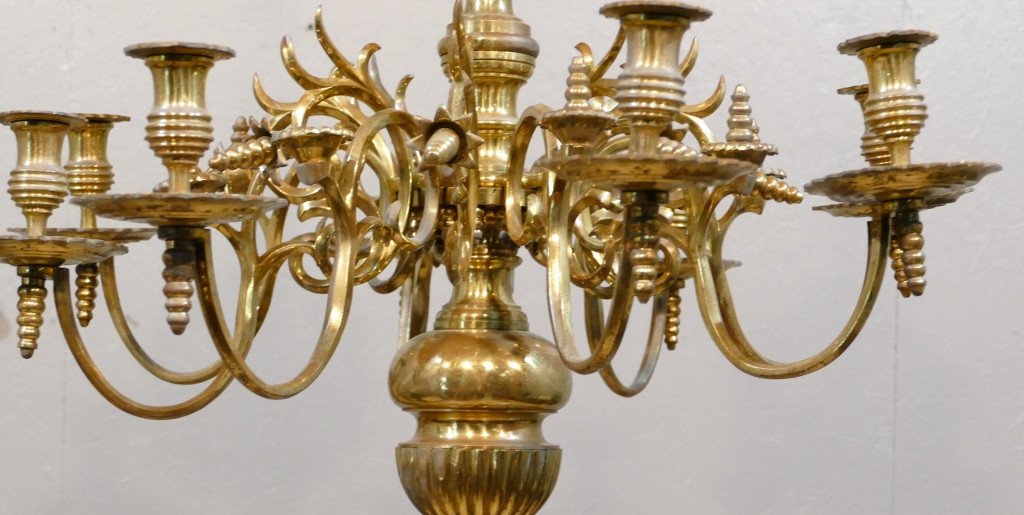 Important Louis XIII Style Chandelier With Crown With 12 Lights, Bronze, XIXth Time-photo-3