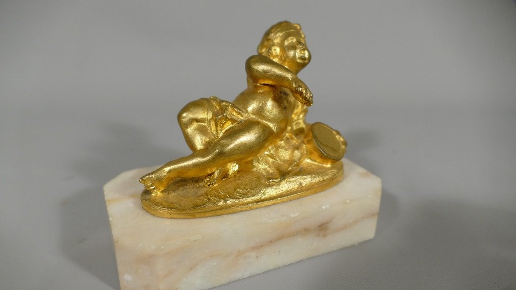 Gilt Bronze Statuette, Amour Langui Au Tambourine, Marble Base, Late Eighteenth Time-photo-4