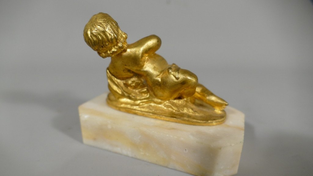 Gilt Bronze Statuette, Amour Langui Au Tambourine, Marble Base, Late Eighteenth Time-photo-1