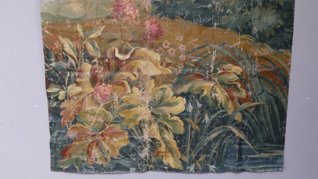 Aubusson Carton, Large Decorative Painted Canvas, Greenery, Tapestry, XIXth Time-photo-2