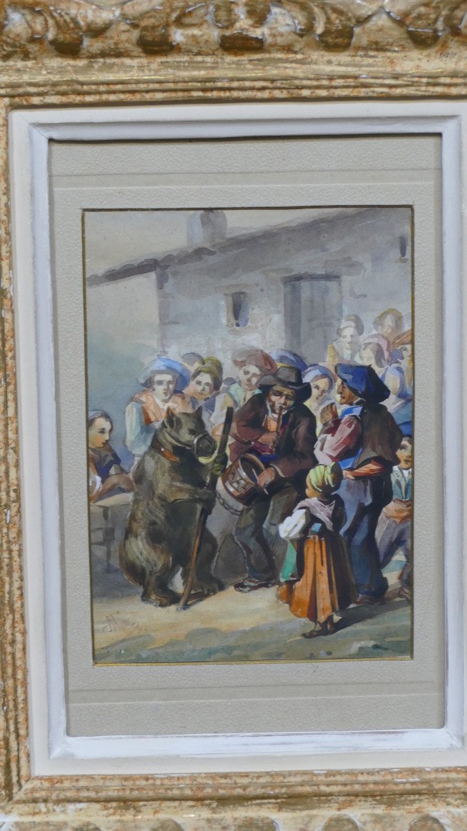 The Bear Showman In The Basque Village, Watercolor Signed A Bem-photo-4