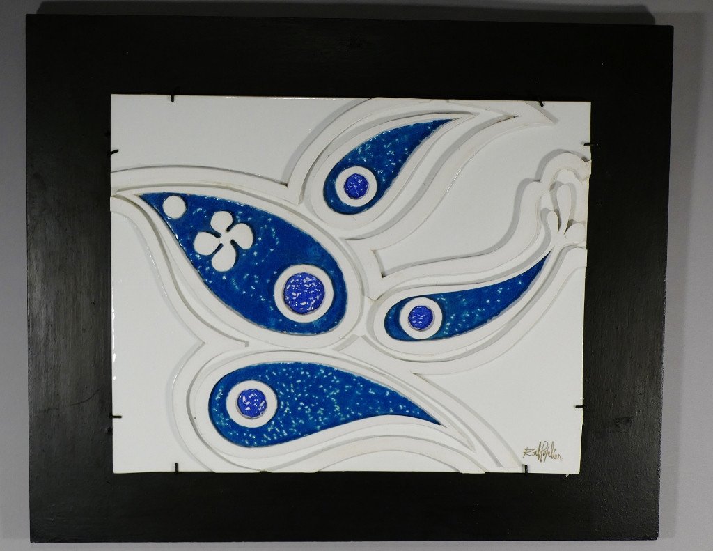 Roch Popelier, Design 70, Très Rare Plaque En Porcelaine émaillée En Relief, Limoges 