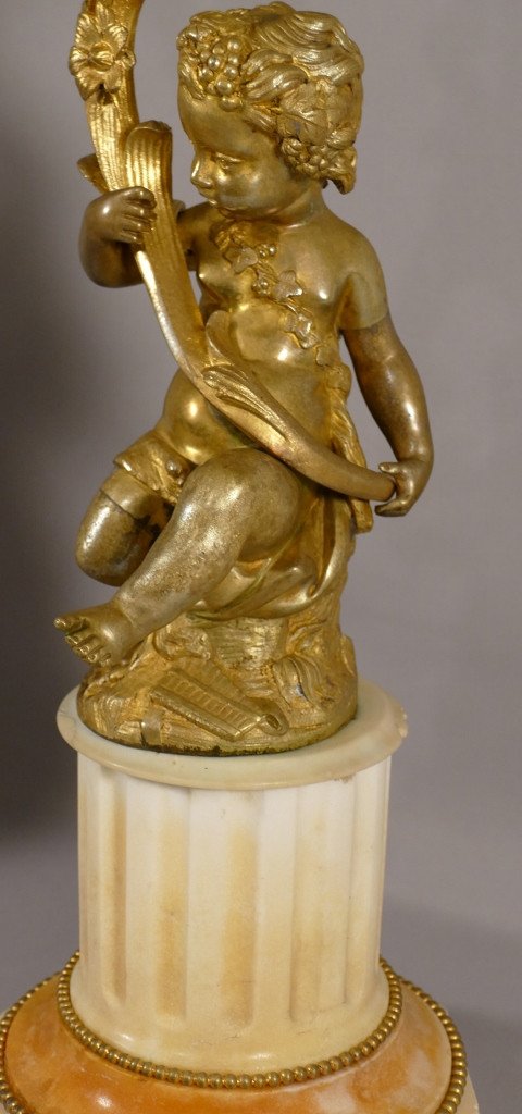 Paire De Candélabres Aux Amours En Bronze Doré Et Marbre Clodion, époque Napoléon III-photo-1