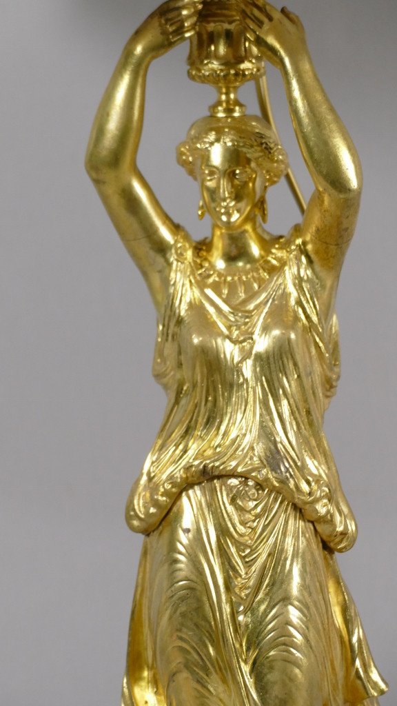 Lampe Vestale à l'Antique  En Bronze Doré Et Marbre, époque Milieu XIX ème Siècle-photo-3