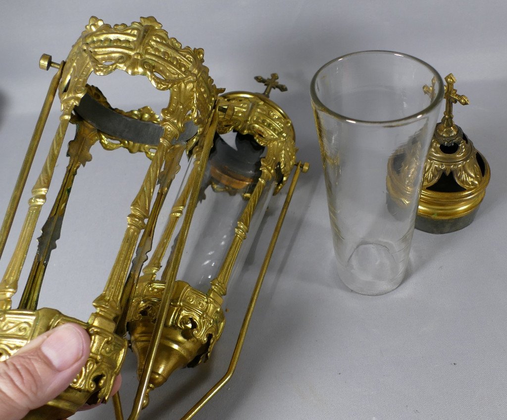 Paire De Lanternes De Procession En Laiton Doré Et Verre, époque XIX ème-photo-4