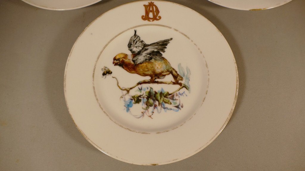 3 Hand Painted Porcelain Plates Of Volatiles, Birds And Insects Dated 1873-photo-2