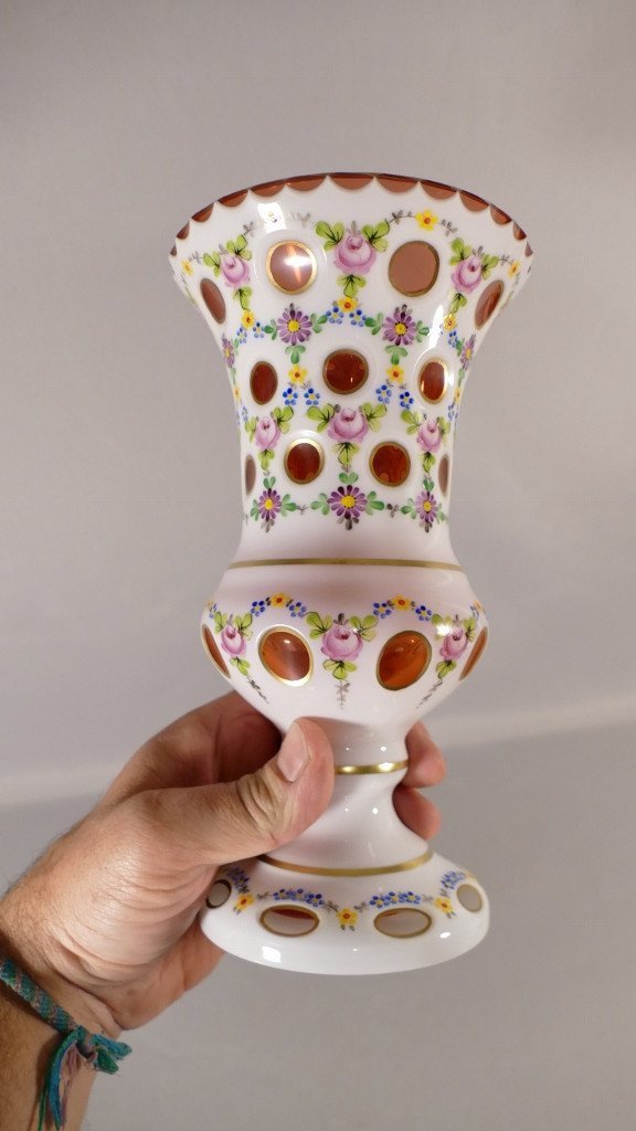 Hand Painted Bohemian Crystal Overlay Medici Vase, Early Twentieth Time-photo-1
