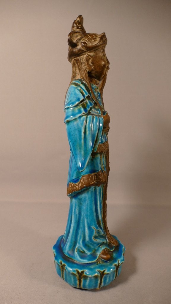 Chinese Man Statuette In Blue And Brown Enameled Ceramic, 1900s-photo-3