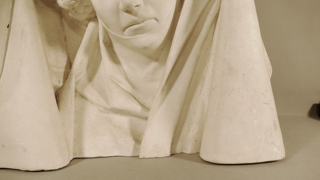 Bust, Head Of A Woman With The Headdress, Plaster, Middle Ages, Gothic, XIXth Time-photo-1