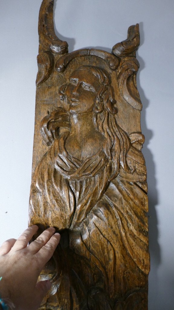 Large 17th Century Carved Wood Panel, Woman And Acanthus-photo-1