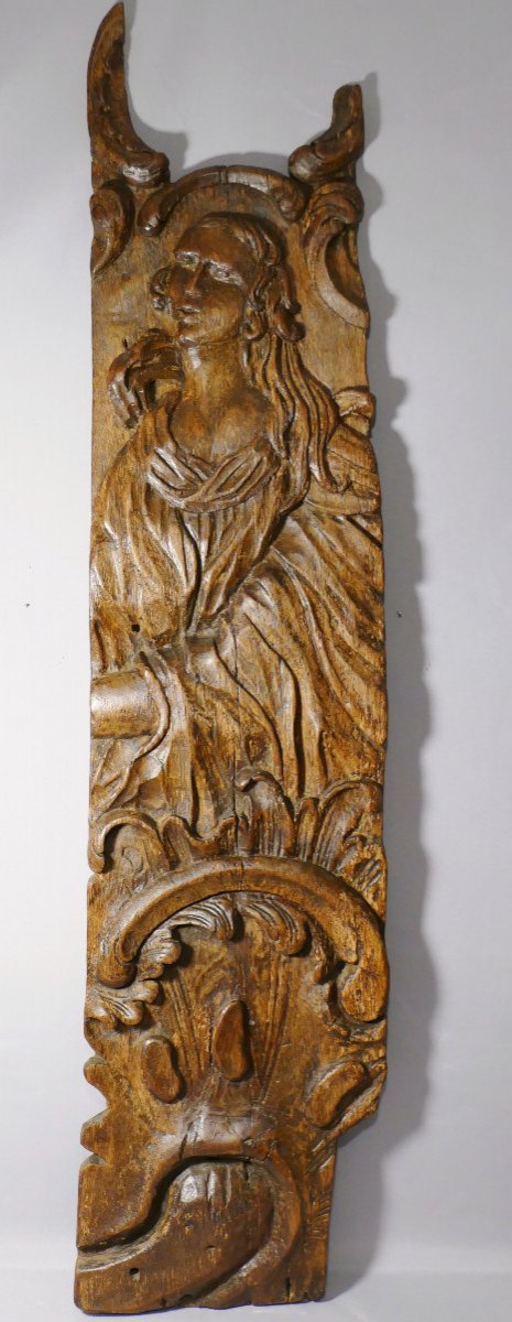Large 17th Century Carved Wood Panel, Woman And Acanthus