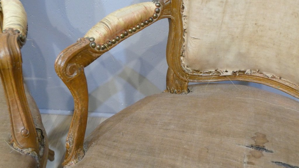 Pair Of Large Louis XV Period Armchairs, In Carved Oak, Eighteenth Century-photo-4