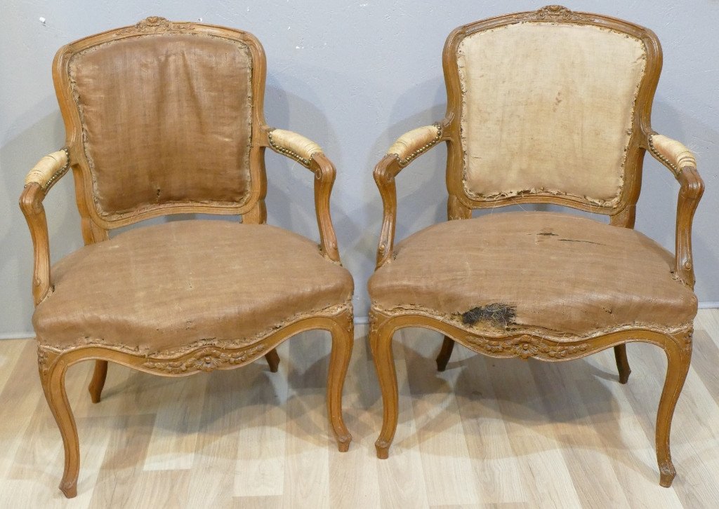 Pair Of Large Louis XV Period Armchairs, In Carved Oak, Eighteenth Century