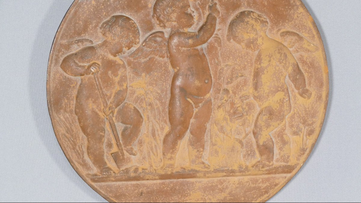 Terracotta Medallion With Gardener Cherubs, Signed Dubois And Dated 1863-photo-3