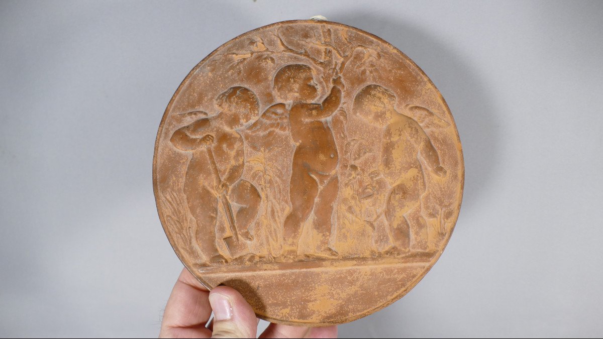 Terracotta Medallion With Gardener Cherubs, Signed Dubois And Dated 1863-photo-2