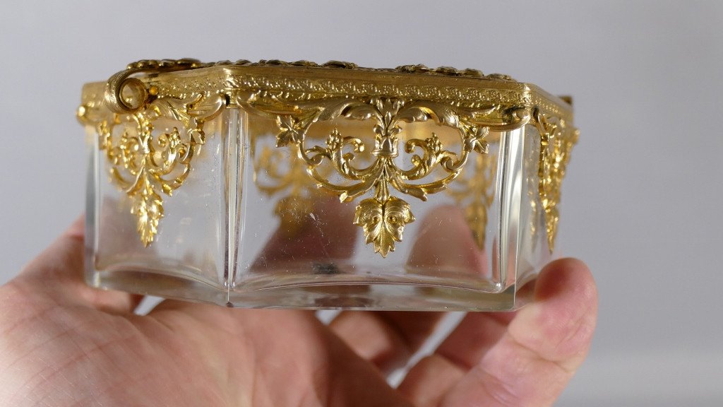 Box, Crystal Box And Gilded Brass Frame With Angelot And Doves, XIX-photo-2