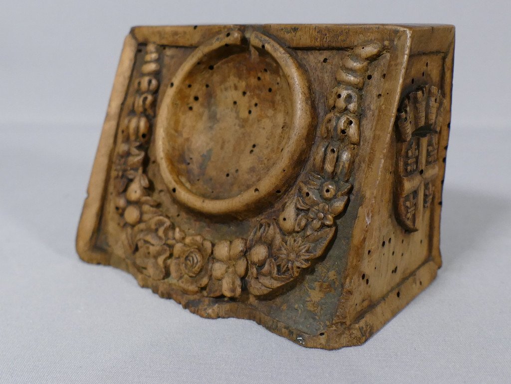 Carved Walnut Wood Watch Holder Eighteenth Century, Coat Of Arms, Caduceus And Anchor-photo-2