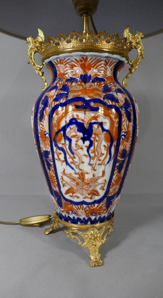 Imari, Vase Mounted In Lamp, Japanese Porcelain Circled Brass With Dragons, XIXth Time-photo-2