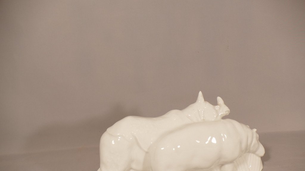 Groupe Aux Animaux d'Afrique En Porcelaine De Limoges, Hippopotame, Rhinocéros Et Crocodile-photo-4