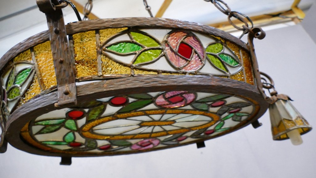 Art Deco Chandelier In Stained Glass, Stained Glass And Wrought Iron, 1930s-photo-4