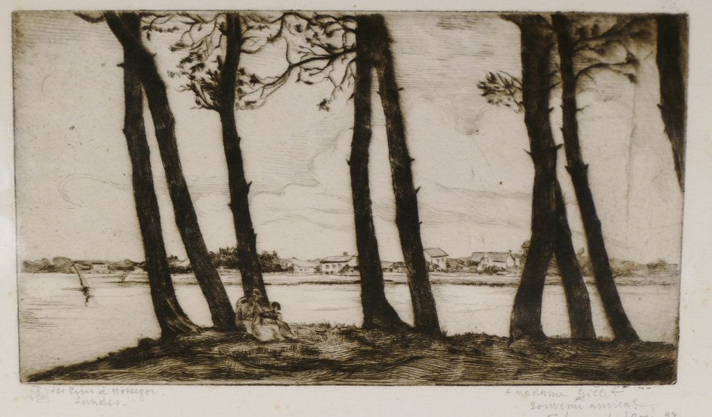 Edouard Léon, Les Pins à Hossegor, Engraving Print Lithograph Dated 1928-photo-2