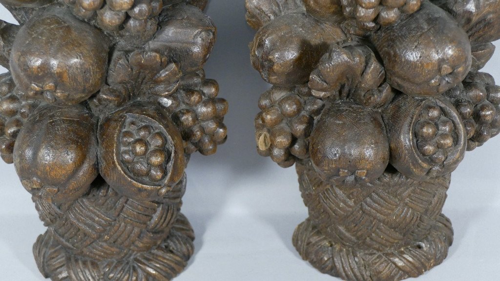 Pair Of Elements In Carved Oak, Bouquet Of Fruits In Half Basket, XIXth Time-photo-1