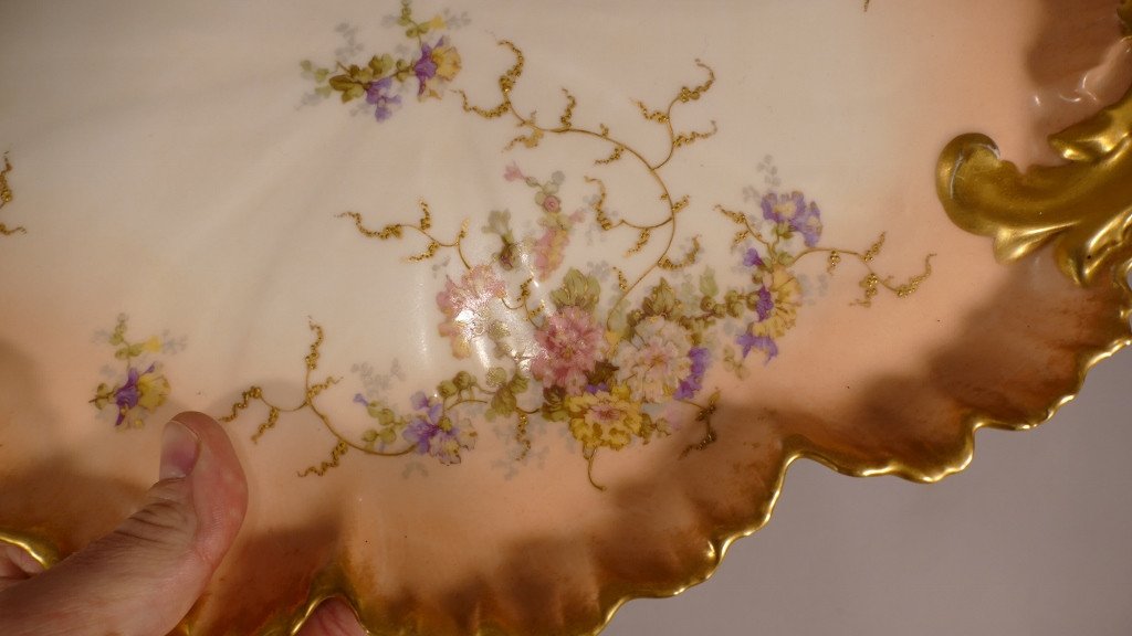 Porcelain Tray Decor Of Flowers And Foliage Gilded With Fine Gold, Limoges Late XIX-photo-2