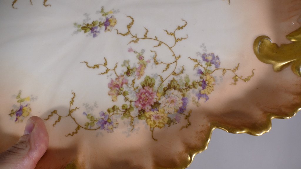 Porcelain Tray Decor Of Flowers And Foliage Gilded With Fine Gold, Limoges Late XIX-photo-3