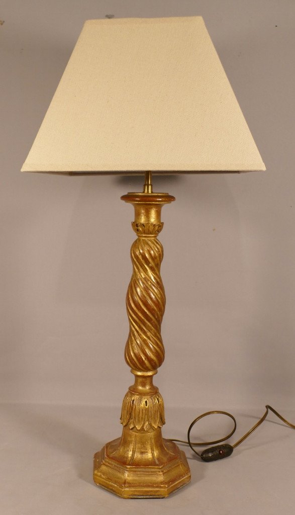 Lampe En Bois Sculpté Et Doré à La Feuille, Italie Milieu XX ème Siècle