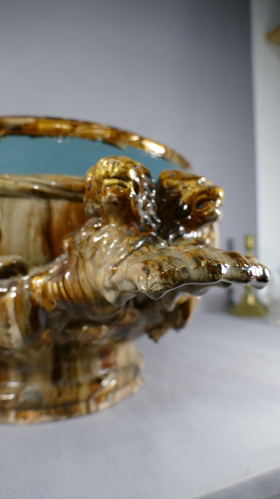 Important Basin, Cache Pot, Planter In The Taste Of Massier, Flamed Ceramic With Lions-photo-3