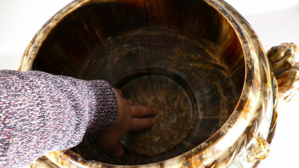 Importante Vasque, Cache Pot, Jardinière Dans Le Goût De Massier, Céramique Flammée Aux Lions-photo-8