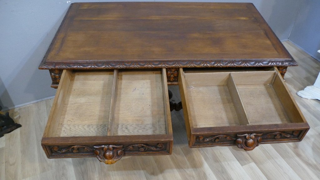 Louis XIII Renaissance Style Flat Desk In Solid Oak, Late Nineteenth Time-photo-1