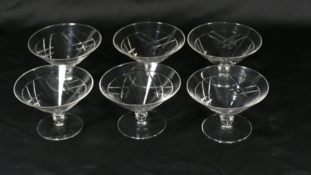 6 Art Deco Champagne Glasses In Cut Crystal, 1930s-photo-3