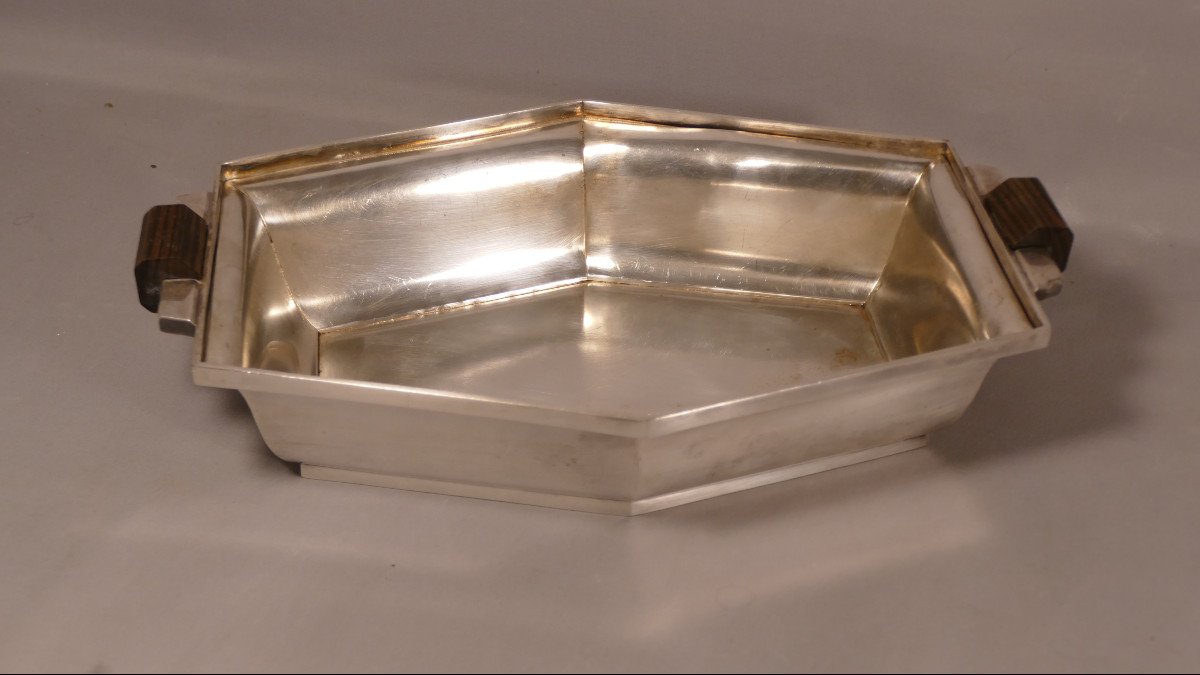 Art Deco Centerpiece Planter In Silver Metal And Rosewood, 1930s
