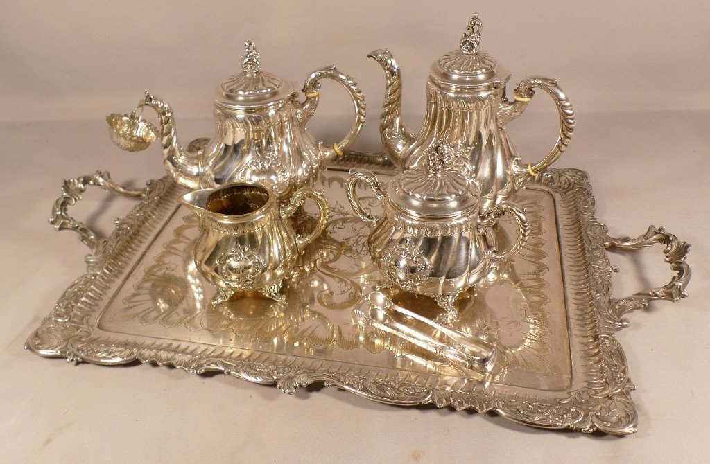 Tea And Coffee Service In Silver Metal With Tray, Gallia And Wmf, Late Nineteenth Time