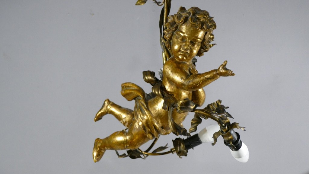 Cherub Chandelier In Golden Wood And Brass Louis XVI Style, Early 20th Century-photo-2