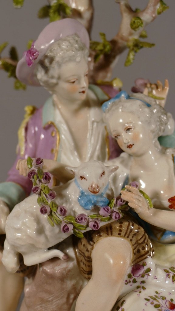 Groupe Scène Galante Aux Bergers En Porcelaine Samson, Saxe  Meissen,  XIX ème-photo-2