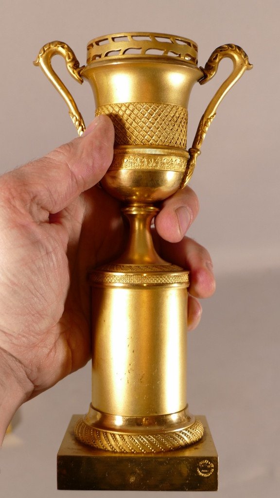 Pair Of Cassolettes Forming Candlesticks In Gilt Bronze Empire Style, Jollet Et Cie-photo-2