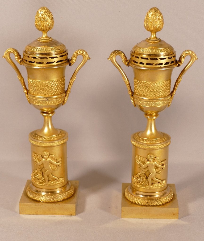 Pair Of Cassolettes Forming Candlesticks In Gilt Bronze Empire Style, Jollet Et Cie